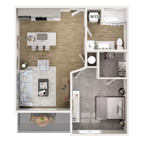 Floor plan for 1 bed, 1 bath, 637 sqft